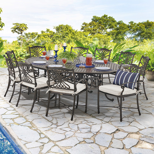 Melrose Midnight Gold Cast Aluminum with Cushions 11 Piece Dining Set + 102 x 72 in. Table