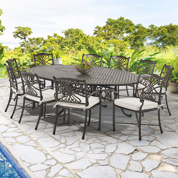 Melrose Midnight Gold Cast Aluminum with Cushions 11 Piece Dining Set + 102 x 72 in. Table