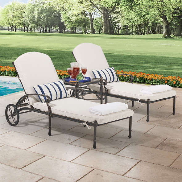 Melrose Midnight Gold Cast Aluminum with Cushions 3 Piece Chaise Lounge Set + 21 in. Sq. Side Table