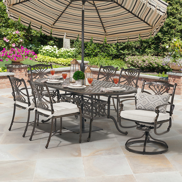 Melrose Midnight Gold Cast Aluminum with Cushions 7 Piece Combo Dining Set + 86 x 42 in. Table