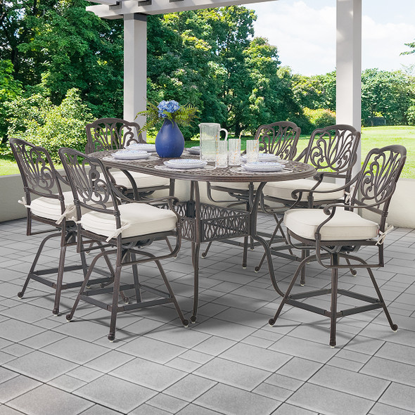 Cadiz Aged Bronze Cast Aluminum with Cushions 7 pc. Gathering Height Dining Set + 72 x 42 in. Table