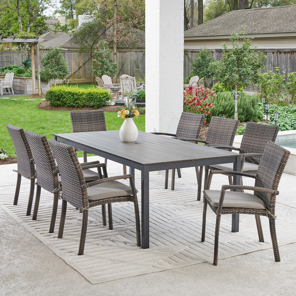 Contempo Husk Outdoor Wicker with Cushions 9 Piece Dining Set + 83 x 41 in. Table