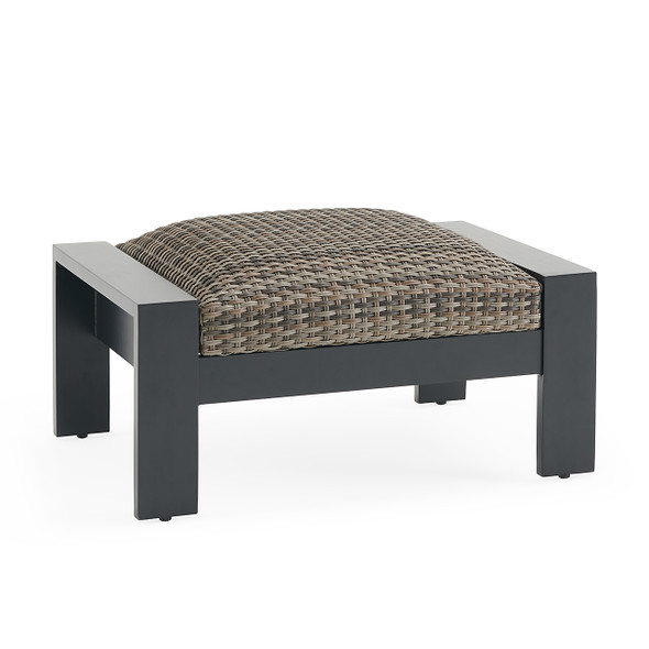 Chelsea Textured Black Aluminum and Weathered Teak Outdoor Wicker Concealed Cushion Ottoman Chelsea Textured Black Aluminum and Weathered Teak Outdoor Wicker Concealed Cushion Ottoman