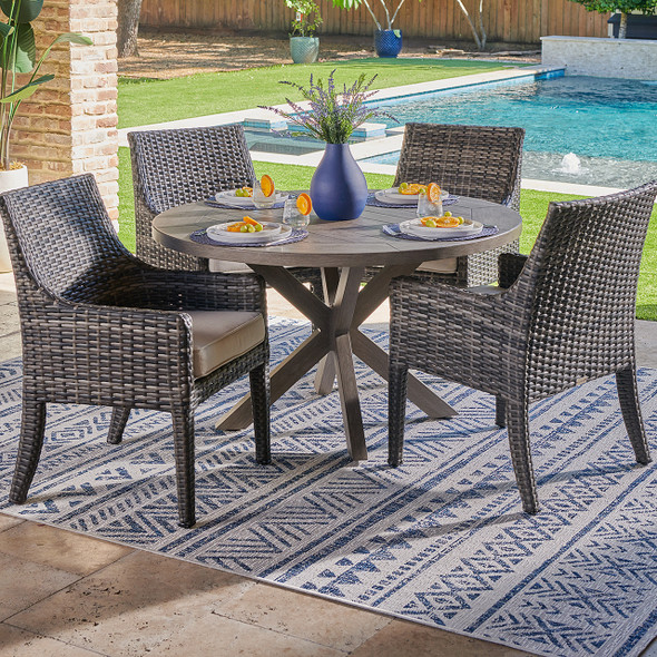 Tangiers Outdoor Wicker with Cushions 5 Piece Arm Dining Set + 48 in. D Table