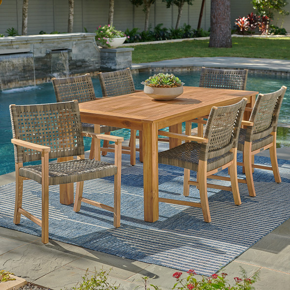 Hampton Driftwood Outdoor Wicker and Solid Teak 7 Piece Arm Dining Set with 71 x 36 in. Table