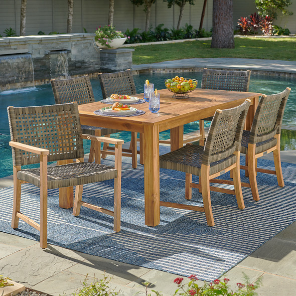 Hampton Driftwood Outdoor Wicker and Solid Teak 7 Piece Combo Dining Set with 71 x 36 in. Table