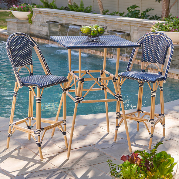 Parisian Cafe Cane Aluminum with Outdoor Wicker 3 Piece Bar Set + 30 in. Sq. Table