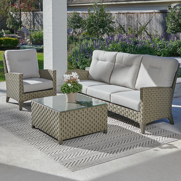 Gramercy Sea Grey Outdoor Wicker with Cast Silver Cushions 3 Piece Sofa Set + 32 in. Sq. Coffee Table