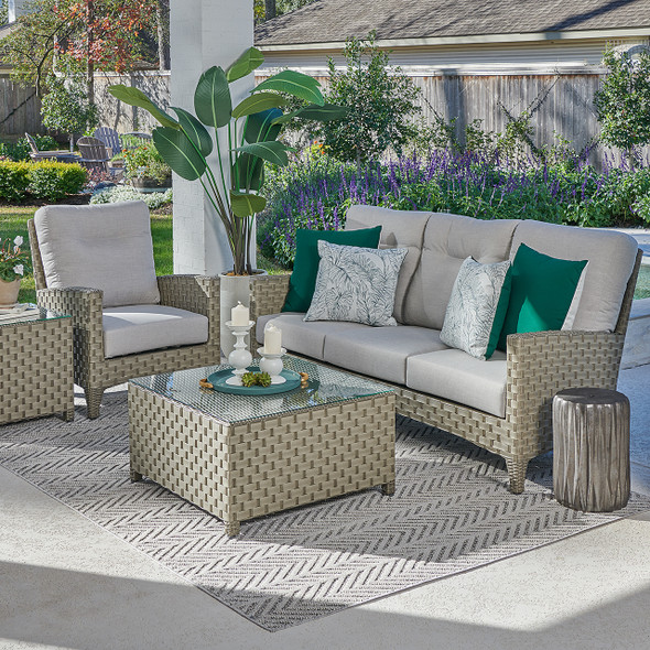 Gramercy Sea Grey Outdoor Wicker with Cast Silver Cushions 3 Piece Sofa Set + 32 in. Sq. Coffee Table
