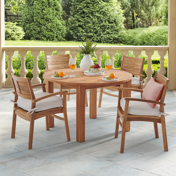 Warwick Teak with Cushions 5 Piece Dining Set + Oxford 48 in. D Table