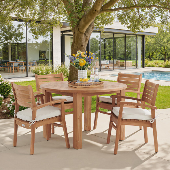 Warwick Teak with Cushions 5 Piece Dining Set + Oxford 48 in. D Table