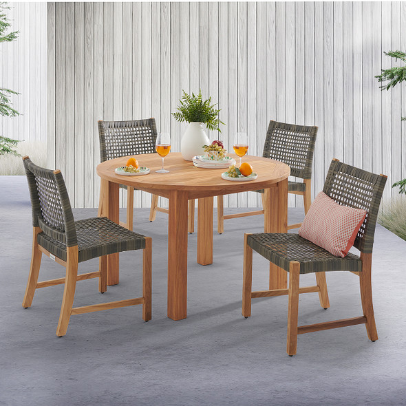 Hampton Driftwood Outdoor Wicker and Solid Teak 5 Piece Side Dining Set with 48 in. D Table