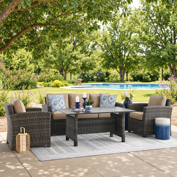 Venice Silver Oak Outdoor Wicker with Cushions 4 Piece Sofa Group + 59 x 32 in. Woven Top Lounge Table