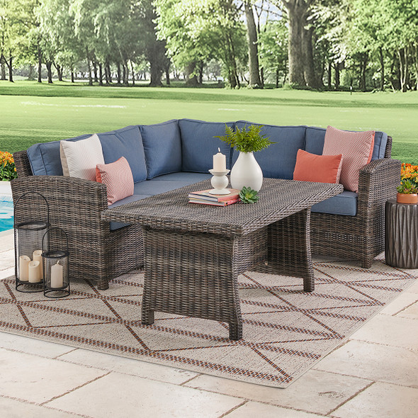 Venice Silver Oak Outdoor Wicker with Cushions 4 Piece Sectional + 59 x 32 in. Woven Top Lounge Table