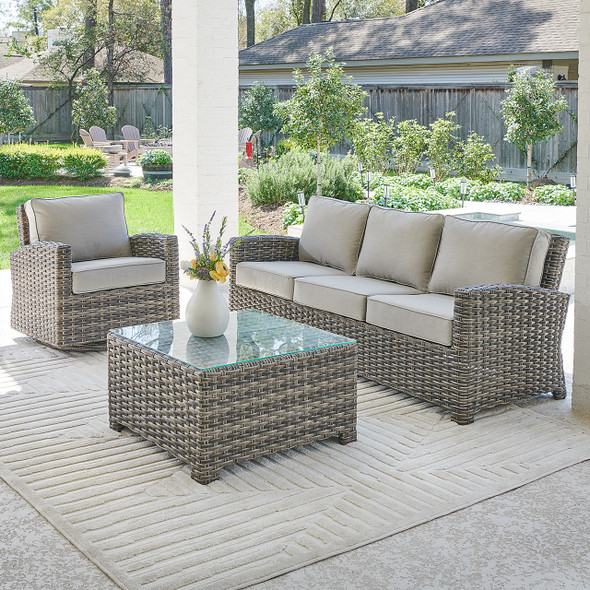 Contempo Husk Outdoor Wicker with Cushions 3 Piece Swivel Sofa Group + 32 in. Sq. Glass Top Coffee Table