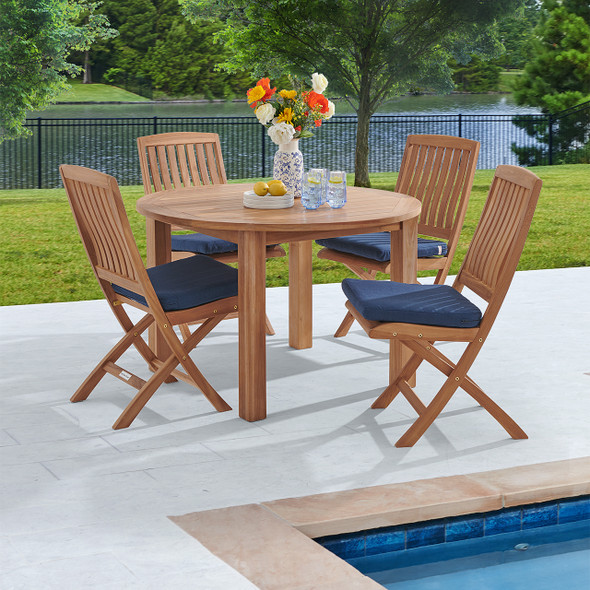 Westport Teak with Cushions 5 Piece Armless Dining Set + Oxford 48 in. D Table Westport Teak with Cushions 5 Piece Armless Dining Set + Oxford 48 in. D Table