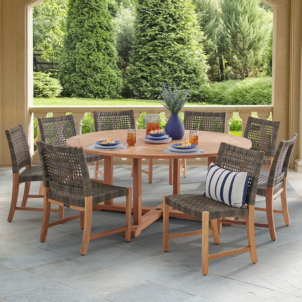 Hampton Driftwood Outdoor Wicker and Solid Teak 9 Piece Side Dining Set + 70 in. D Table