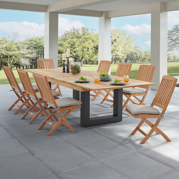 Westport Teak with Cushions 9 Piece Armless Dining Set + Balencia 87-118 x 47 in. Double Extension Table