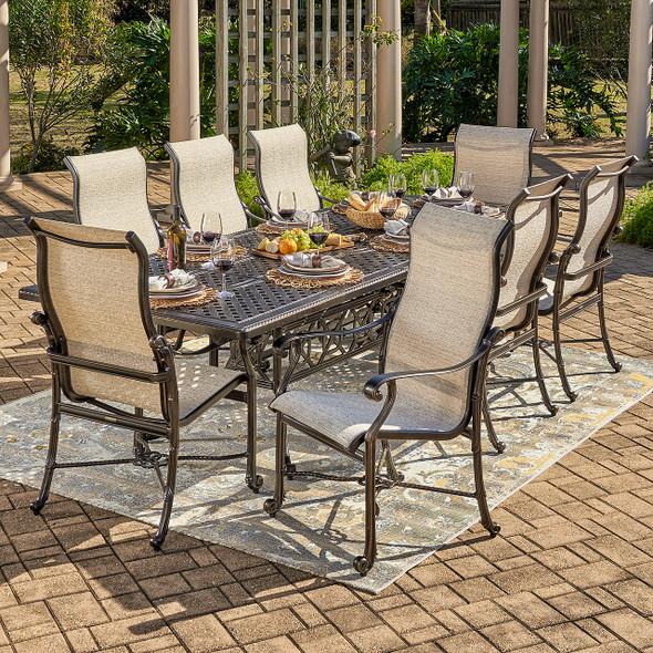 Florence Midnight Gold Cast Aluminum and Castelle Dune Sling 9 Piece Dining Set with 74-114 x 44 in. Double Extension Table Florence Midnight Gold Cast Aluminum and Castelle Dune Sling 9 Piece Dining Set with 74-114 x 44 in. Double Extension Table