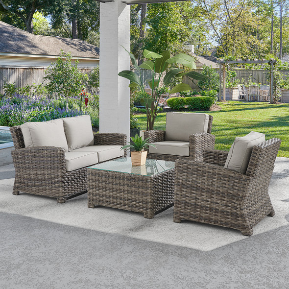 Contempo Husk Outdoor Wicker with Cushions 4 Piece Loveseat Group + 32 in. Sq. Glass Top Coffee Table