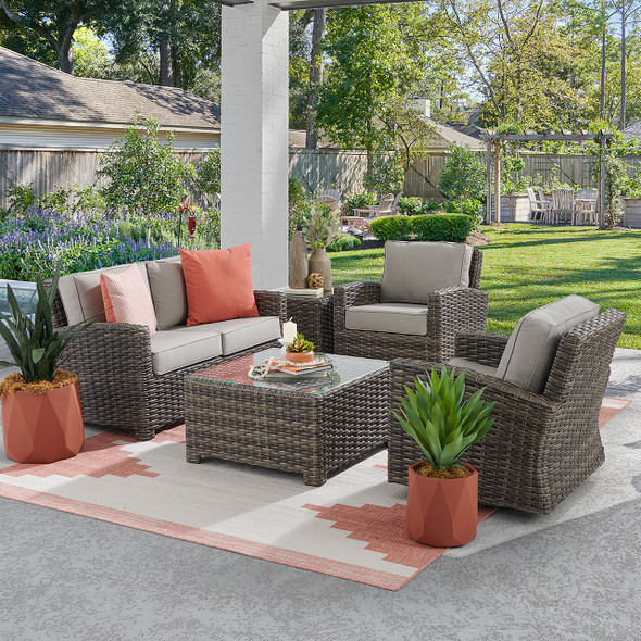 Contempo Husk Outdoor Wicker with Cushions 4 Piece Swivel Loveseat Group + 32 in. Sq. Glass Top Coffee Table