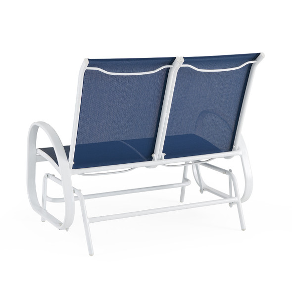 Cape Coral White Aluminum with Navy Sling Loveseat Glider
