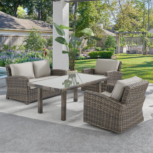 Contempo Husk Outdoor Wicker with Cushions 4 Piece Swivel Loveseat Group + 65 x 34 in. Lounge Table