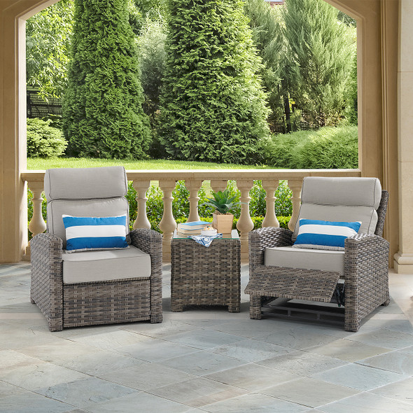 Contempo Husk Outdoor Wicker with Cushions 3 Piece Recliner Set + 20 in. Sq. End Table