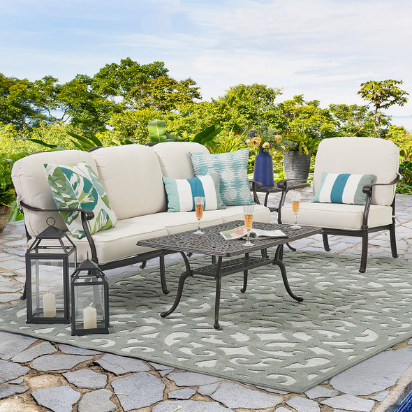 Cadiz Aged Bronze Cast Aluminum with Cushions 3 Piece Sofa Group + 42 x 26 in. Coffee Table -