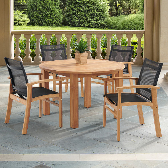Sedona Teak with Black Sling 5 Piece Dining Set with 48 in. D Table