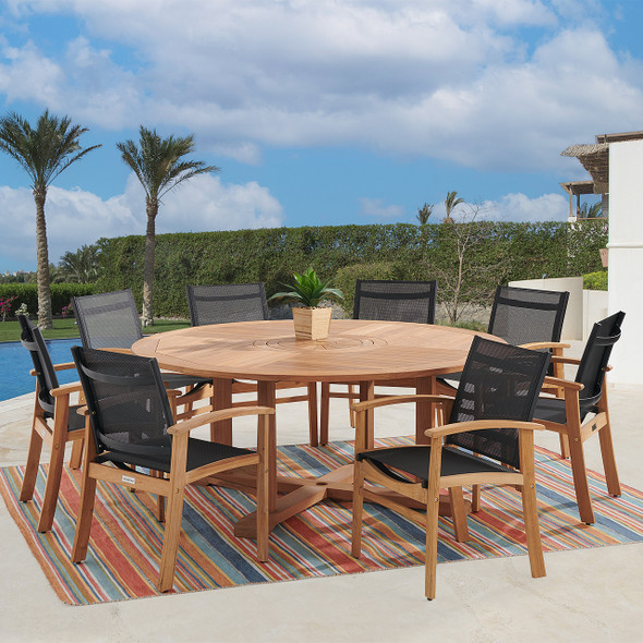 Sedona Teak with Black Sling 9 Piece Dining Set with 70 in. D Table