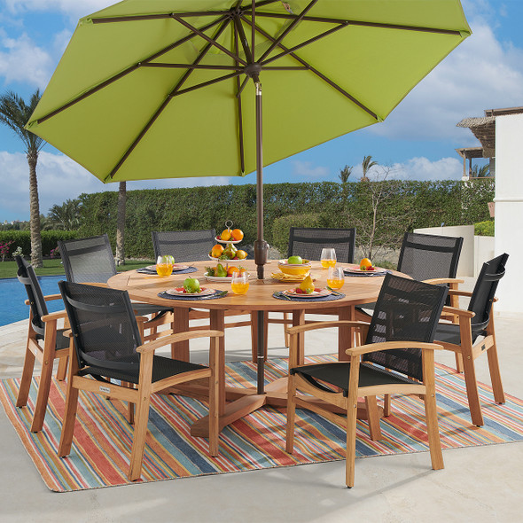 Sedona Teak with Black Sling 9 Piece Dining Set with 70 in. D Table Sedona Teak with Black Sling 9 Piece Dining Set with 70 in. D Table