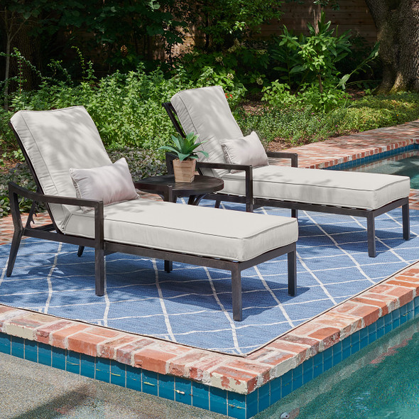 Hill Country Aged Bronze Aluminum and Cushion 3 Piece Chaise Lounge Set + 24 in. D Side Table -