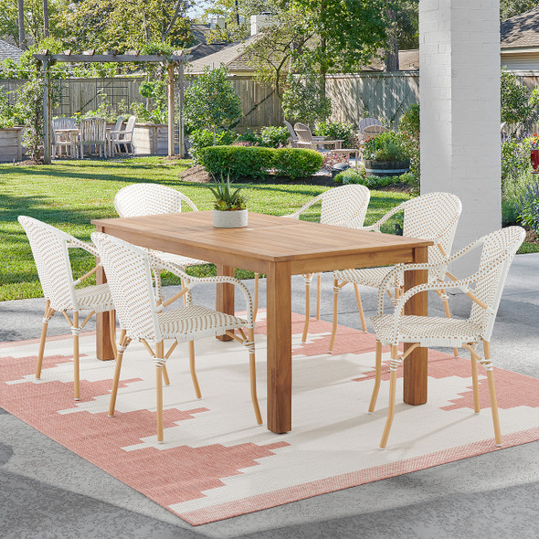 Parisian Cafe Cane Aluminum with Maple and White Outdoor Wicker 7 Arm Side Dining Set + 71 x 36 in. Teak Table