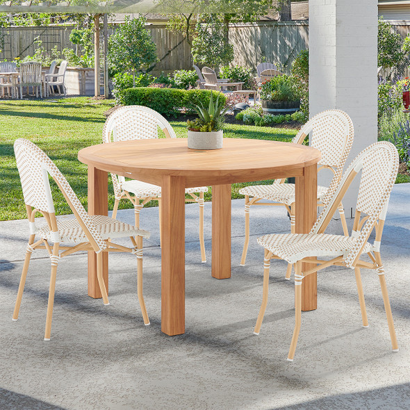 Parisian Cafe Cane Aluminum with Maple and White Outdoor Wicker 5 Piece Side Dining Set + 48 in. D Teak Table