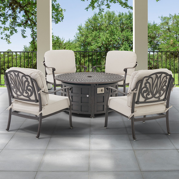 Cadiz Aged Bronze Cast Aluminum with Cushions 5 Piece Chat Group + 48 in. D LP Gas Fire Pit Table - Cadiz Aged Bronze Cast Aluminum with Cushions 5 Piece Chat Group + 48 in. D LP Gas Fire Pit Table -