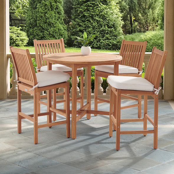 Eastchester Teak with Cushions 5 Piece Bar Set + 43 in. D Table -