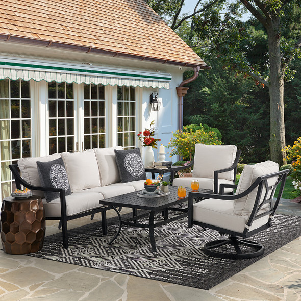 Hill Country Aged Bronze Aluminum and Cushion 4 Piece Swivel Sofa Group + 48 x 28 in. Coffee Table Hill Country Aged Bronze Aluminum and Cushion 4 Piece Swivel Sofa Group + 48 x 28 in. Coffee Table