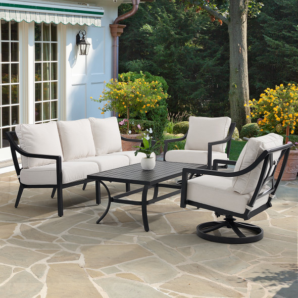 Hill Country Aged Bronze Aluminum and Cushion 4 Piece Swivel Sofa Group + 48 x 28 in. Coffee Table Hill Country Aged Bronze Aluminum and Cushion 4 Piece Swivel Sofa Group + 48 x 28 in. Coffee Table
