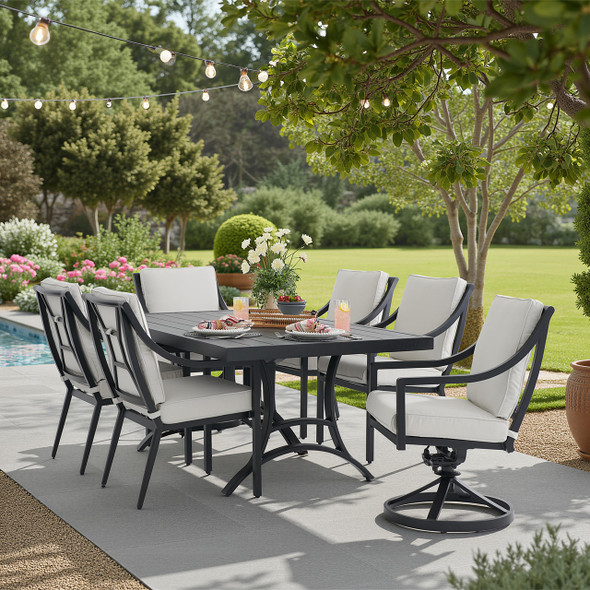 Hill Country Aged Bronze Aluminum and Cushion 7 Piece Combo Dining Set + 72 x 42 in. Table -