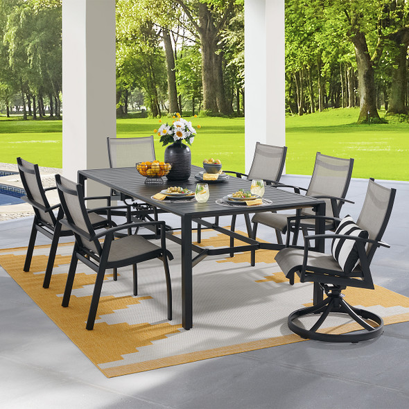 Ventura Textured Black Aluminum with Mica Pearl Sling 7 Piece Combo Dining Set + 84 x 42 in. Table