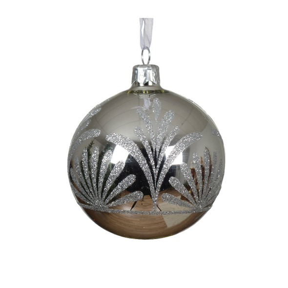 80 mm Pewter and Silver Palm Glass Christmas Ball Ornament