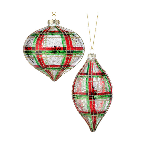 In-Store Only - Glass Mercury Plaid Finial Ornaments, Assortment of 2