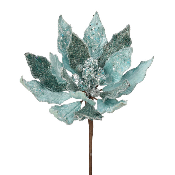 In-Store Only - 18 in. Aqua Heavy Jeweled Poinsettia Pick