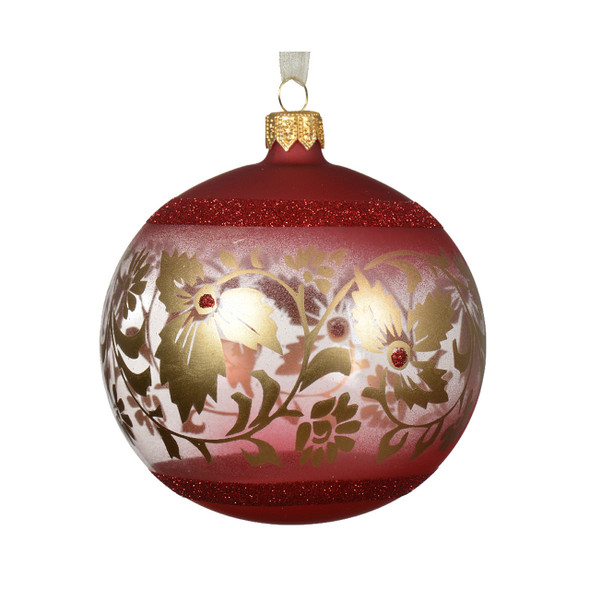 In-Store Only - 100 mm Red and Gold Flower Border Glass Christmas Ball Ornament