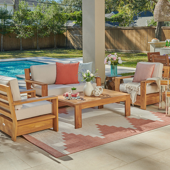 Castello Teak with Cushions 4 Piece Loveseat Group + 48 x 32 in. Coffee Table Castello Teak with Cushions 4 Piece Loveseat Group + 48 x 32 in. Coffee Table