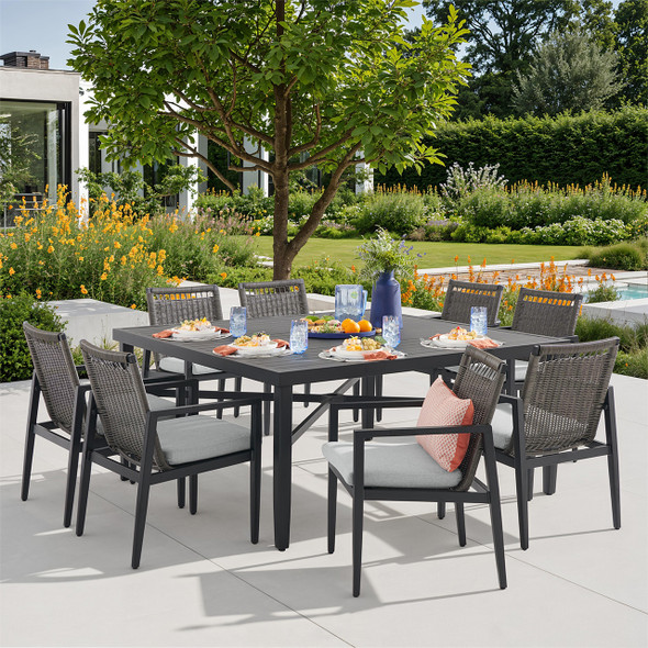 Portofino Husk Midnight Aluminum with Cushions 9 Piece Arm Dining Set + 64 in. Sq. Dining Table