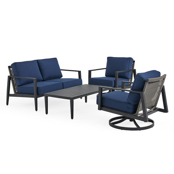 Portofino Husk Midnight Aluminum with Cushions 4 Piece Swivel Loveseat Group + 48 x 26 in. Coffee Table Portofino Husk Midnight Aluminum with Cushions 4 Piece Swivel Loveseat Group + 48 x 26 in. Coffee Table