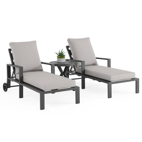 Montecito Charcoal Aluminum with Cushions 3 Piece Chaise Lounge Set + 24 in. D Side Table