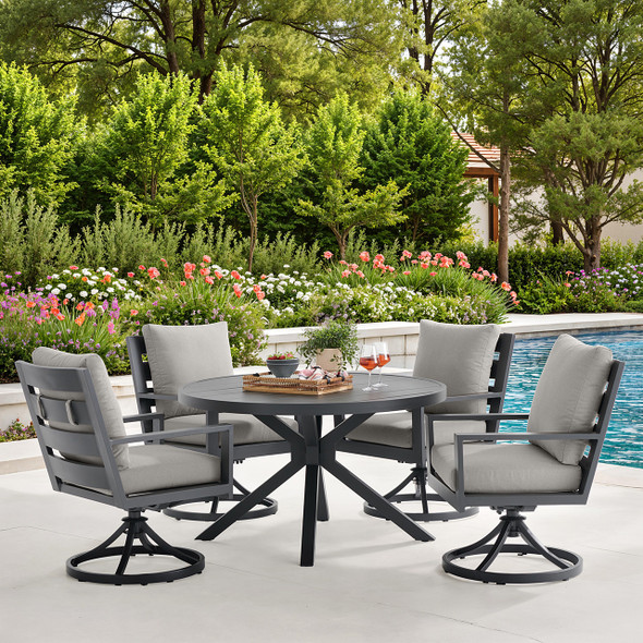 Montecito Charcoal Aluminum with Cushions 5 Piece Dining Set + 48 in. D Table